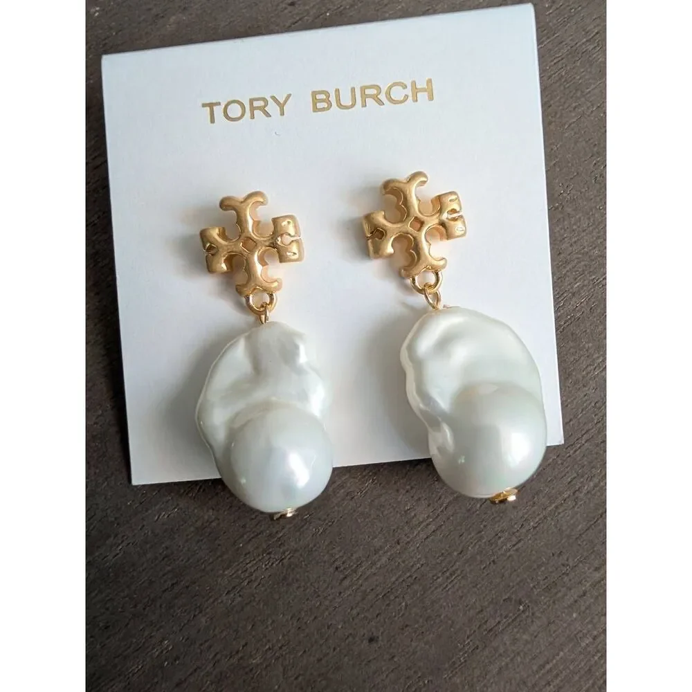TORY BURCH Gold Double T Logo Baroque Pearl Drop Earrings